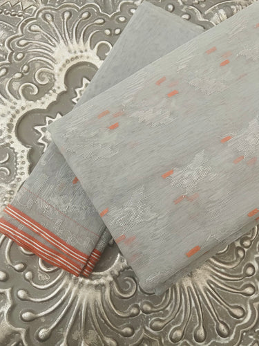 Authentic Dhakai Jamdani Muslin Saree from Bangladesh | Handwoven | Silver Gray | Ships from California